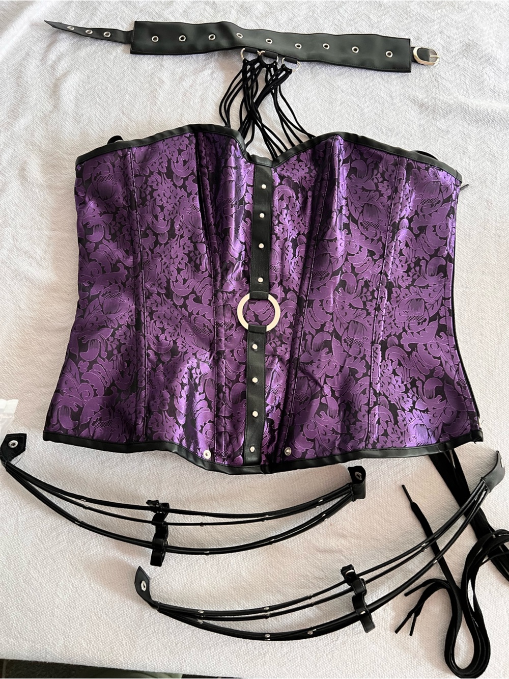 Purple Damask Satin Corset with Black Trim with collar